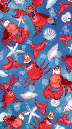 a blue background with red crabs and starfishs on it's sides, in the ocean