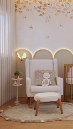 a baby's room with a teddy bear in the crib and lights on