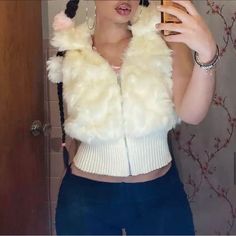 Furry All White Vest Aesthetic Crop Top, Aliyah Core, Black Blazer Style, Fur Vest Outfits, Clothes To Draw, Long Black Blazer, Fluffy Vest, Snow Outfits, Colorful Vest