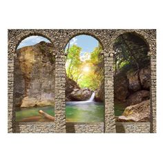 an image of a waterfall through three windows