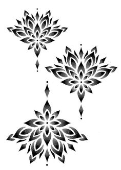 three black and white flowers on a white background