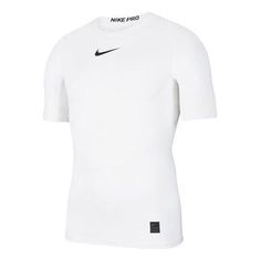 the nike pro short sleeve shirt is white and has a black logo on the chest