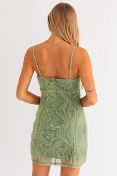 Textured mesh dress Invisible back zipper Adjustable straps Self: 100% Polyester Lining: 65% Cotton/35% Nylon Light Green Mini Dress, Leaf Dress, Fashion Merchandising, Mesh Mini Dress, Green Mini Dress, March 2023, Tropical Palm, Palm Leaf, Small Batch