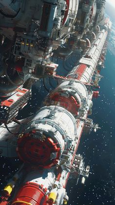 an artist's rendering of a space station in the middle of outer earth, with red and yellow pipes running through it