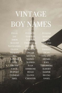 an advertisement for the vintage boy names show in front of the eiffel tower