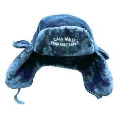 -Blue wool Ushanka with adjustable wearing method -Can be worn with sides up and down -Comes with front and side embroidery -One size fits all Adjustable Cap With Plush Lining, Casual Adjustable Hats With Plush Lining, Casual Adjustable Hat With Plush Lining, Adjustable Windproof Hats For Streetwear, Warm Adjustable Hats For Streetwear, Warm Adjustable Hat For Streetwear, Casual Brimmed Hat With Plush Lining, Adjustable Warm Hat For Streetwear, Winter Military Hat With Curved Brim