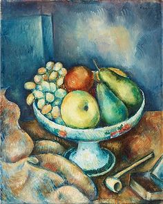 a painting of fruit in a bowl on a table