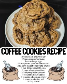 coffee cookies recipe on a white plate with chocolate chips in the middle and text overlay