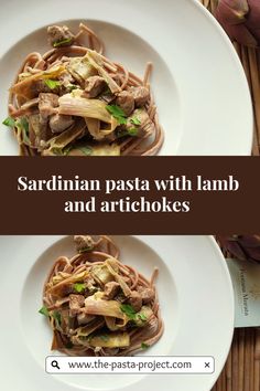 two plates with pasta and artichokes on them, one has meat in it