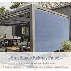 the sun shade privacy panel is installed in front of a patio with chairs and tables