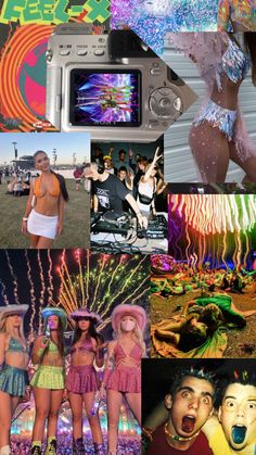 collage of photos with various people in bikinis and costumes, including a camera