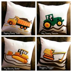 four pictures of different types of construction vehicles on white pillows with brown trimmings