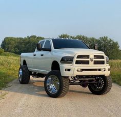 a large white truck parked on top of a dirt road next to a lush green field