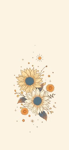 a drawing of sunflowers and leaves on a white background