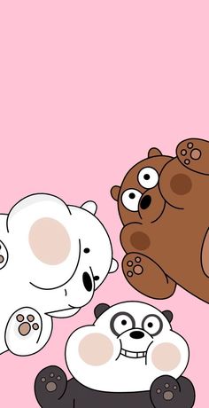 three cartoon bears are sitting together on a pink background, one is brown and the other is white