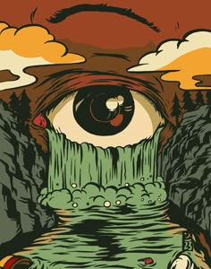 an eye is in the middle of a waterfall with trees and clouds around it,