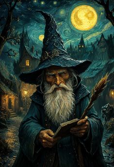 An elderly wizard with a long white beard and a magical hat, holding a spellbook under a starry night sky with glowing lights in a mystical village. A4 Size Paper Border Design Flower, Old Wizard, Magical Village, Artsy Photography, Night Set, The Starry Night, Fantasy Races, Concept Art Drawing