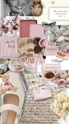 a collage of pink and white items including shoes, purses, hats, and other things