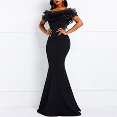 Off Shoulder Ruffles Bodycon Dress Patchwork Slash Neck Mermaid Party Dresses Women Evening Elegant Long Maxi Dresses Silhouette: Trumpet / MermaidSeason: SummerNeckline: Slash neckSleeve Style: Off the ShoulderDecoration: RufflesStyle: Sexy & ClubDresses Length: Floor-LengthMaterial: PolyesterClosure Type: PulloverSleeve Length(cm): ShortType: RegularGender: WOMENMaterial Composition: Synthetic FiberWaistline: empirePattern Type: Solid Bodycon Long Dress, Long Mermaid Dress, Long Black Maxi Dress, Ruffle Bodycon Dress, Long Bodycon Dress, Dress Silhouette, Party Dress Long, Mermaid Dress, Long Maxi