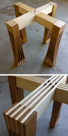 two different views of a bench made out of wood