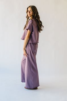 Unleash your playful side with The Reidel Tee and Wide Leg Pant Set in Mauve. Perfect for any occasion, this set combines comfort and style with a quirky twist. You'll definitely stand out in this unique and fun set! Details self/lining: 80%cottron + 20% polyester Fabric Care Guide Here Sizing & Fit Measurements are approximate and taken while laying flat across the front. Not doubled. top small: bust = 21"; length = 20" medium: bust = 22"; length = 20.5" large: bust = 23"; length = 21" bottom s Casual Matching Set With Wide Leg, Casual Wide Leg Matching Set, Casual Relaxed Fit Matching Pant Set, Casual Relaxed Fit Pant Set, Casual Relaxed Fit Pants With Matching Set, Purple Short Sleeve Loungewear Sets, Casual Pants In A Matching Set, Relaxed Fit Lounging Sets With Matching Pieces, Cotton Wide Leg Sets With Relaxed Fit