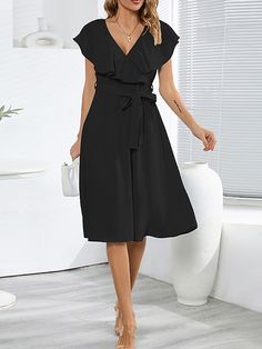 Selling Points1.Gender:Womens2.Dresses Type:Semi Formal Dress3.Neckline:V Neck4.Design:Ruffle5.Sleeve Length:Short Sleeve6.Season:SummerSpring7.Dress Length Type:Midi DressSpecificationsGenderWomensStyleModern,FashionDresses TypeSemi Formal DressNecklineV NeckFabricPolyesterDesignRuffle,Lace upSleeve LengthShort SleeveElasticityMicro-elasticLook After MeMachine washPatternPlainSeasonSummer,SpringFit TypeRegular FitDress Length TypeMidi DressHow to MeasureSize ChartINCHCMSizeFit US SizeFit UK ... Fitted Belted Dress With Flutter Sleeves, Ruffle Sleeve Dresses For Workwear, Solid Color Midi Dress For Summer Office, Solid Midi Dress For Summer Office Wear, Elegant Non-stretch Ruffle Dress, Elegant Non-stretch Ruffled Dress, Solid Color Summer Midi Dress For Office, Elegant Non-stretch Dress With Ruffles, Black Summer Dress For Office