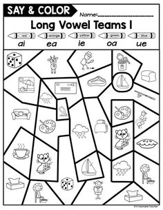 a printable worksheet to help students learn how to say and color long voel teams