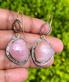 Pave Diamond Sapphire Earrings, Natural Pink Sapphire Gemstone Earrings, 14K Gold Plated Victorian Jewelry, 1.85” x 0.85” Pave Diamond Earrings, San Ramon, Sapphire Earrings, Victorian Jewelry, Beautiful Rose, Natural Sapphire, Sapphire Gemstone, Pink Sapphire, Pave Diamonds