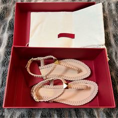 New Never Worn Valentino Leather Sandals. Nude With Signature Valentino Spike. Size 36 Designer Ankle Strap Sandals For Beach, Designer Beige Sandals For The Beach, Luxury Beige Sandals For Beach, Luxury Beige Beach Sandals, Designer Flat Heel Sandals For Vacation, Designer Ankle Strap Sandals For Vacation, Valentino Rockstud Flats, Valentino Rockstud Sandals, Braided Leather Sandals