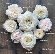 an arrangement of white and pink flowers on a wooden surface with labels labeled in the center