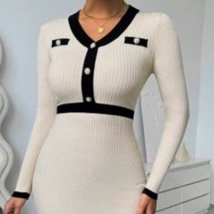 Brand New Bodycon Sweater, Dress Knit, Women Dress, Cream White, Colorful Sweaters, Knit Dress, Long Sleeve Dress, Long Sleeves, V Neck