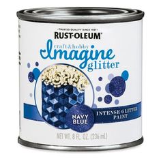 a can of blue and white paint with the words imagine glitter on it's side