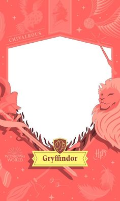 the gryffindor crest is surrounded by feathers and stars on a pink background