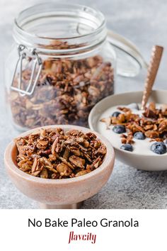 no bake paleo granola with blueberries and yogurt in a jar