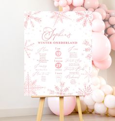 a winter onederland party sign surrounded by balloons