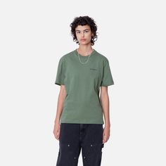 Color: Duck Green / Aura - The Women's S/S Script Embroidery T-Shirt is made of lightweight cotton in a regular fit. It is detailed with an embroidered Script Logo on the chest. _* 100% Organic Cotton Single Jersey, 150 g/sqm, regular fit, script embroidery Green Cotton Tops With Embroidered Logo, Green Cotton Top With Embroidered Logo, Relaxed Fit Green Top With Embroidered Logo, Green Relaxed Fit Top With Embroidered Logo, Casual Green T-shirt With Embroidered Logo, Basic Cotton T-shirt With Embroidered Logo, Green Casual T-shirt With Embroidered Text, Green Short Sleeve T-shirt With Embroidered Text, Casual Green T-shirt With Embroidered Text