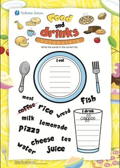 food and drinks worksheet for kids to learn how to make their own menus