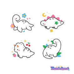 four different types of dinosaurs with stars and flowers on the back, one is white