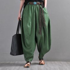 Comfortable, One of Kind. Harem online shop,|Street|Linen|Solid Color|Full Length|Dark Green|Elastic|Harem|Female|M|L|XL|Spring/Fall|Hand Wash Relaxed Fit Green Harem Pants, Summer Green Harem Pants With Tapered Leg, Green Tapered Leg Harem Pants For Summer, Summer Green Tapered Leg Harem Pants, Green Bohemian High-waisted Pants, Bohemian Parachute Pants With Pockets, Green Harem Pants For Workwear In Summer, Summer Green Harem Pants For Work, Green Summer Harem Pants For Workwear