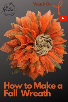 Fall is just around the corner and it's time to start thinking about a new wreath for your fall decor! This beautiful fall flower is just the pop you are looking for. Are you looking for a new center that's different from your usual option? Julie shows you in this step by step youtube tutorial how to create this amazing center for your mesh flower wreath. It creates a whole new look for whatever color options you choose.
#meshwreath #falldecor #flowerwreath #youtubetutorial #julieswreathboutique Diy Mesh Wreath Tutorial Step By Step, Autumn Wreaths For Front Door Diy, Thanksgiving Mesh Wreath, Fall Flower Wreath, Mesh Flower Wreath, Make A Fall Wreath, Wreath Centers, Fall Wreath Tutorial, Fall Diys