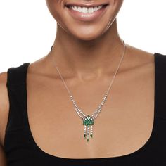 Ross-Simons - C. 1990 Vintage 4.65ct t. w. Diamond, 2.25ct t. w. Emerald Necklace. 16.5". C. 1990. Take your most elegant evening ensembles to glamorous heights with this magnificent Estate collection necklace, featuring the beautiful glow of 4.65 ct. t. w. round brilliant-cut diamonds in a dramatic drop design. For a lush burst of color, 2.25 ct. t. w. pear-shaped emeralds sparkle in a central cluster and at the ends of three fabulous fringe details. Finely crafted in polished 14kt white gold. Graduates from 1/8" to 1 5/8" wide. Stationed on a herringbone chain. Springring clasp, emerald and diamond necklace. Exclusive, one-of-a-kind Estate Jewelry. Emerald birthstones are the perfect gift for May birthdays. Diamond Emerald Necklace, Emerald And Diamond Necklace, Jewelry Emerald, Emerald Birthstone, May Birthday, Herringbone Chain, Drop Design, Emerald Necklace, Drops Design