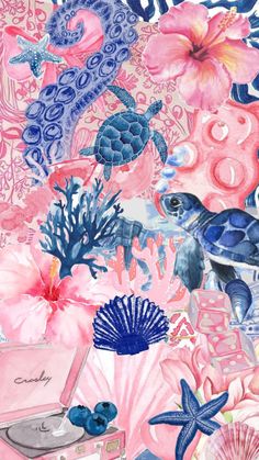 a painting with pink and blue flowers, shells, and sea animals on it's surface