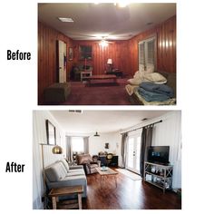 before and after pictures of a living room with wood paneling