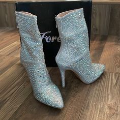 Forever -Jewel Embellished Zip Up Booties Silver 6.5 Glamorous Embellished Ankle Boot Heels, Black Wedge Booties, White Leather Ankle Boots, Fringe Booties, Tan Boots, Lace Up Wedges, Stiletto Boots, Brown Ankle Boots, Forever New