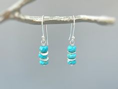 Handmade Turquoise sterling silver boho earrings for women. Robin's egg blue Turquoise gemstones hang from hand crafted sterling silver, Rose Gold Fill, or Gold Fill ear wires or leverbacks. Dainty lightweight earrings perfect for everyday wear.  Handmade Jewelry crafted with love one at a time in my northern Michigan studio. Gemstones are nature's creations and may vary slightly in color and inclusions, but all are lovely and hand selected to match. These earrings are Dainty approx 1 1/4" (35mm Everyday Turquoise Wire Wrapped Jewelry, Turquoise Dangle Jewelry For Everyday, Everyday Turquoise Dangle Jewelry, Hypoallergenic Turquoise Dangle Jewelry, Turquoise Hypoallergenic Jewelry For Everyday, Turquoise Hypoallergenic Everyday Jewelry, Everyday Hypoallergenic Turquoise Jewelry, Turquoise Dainty Jewelry With Earrings Set, Dainty Turquoise Dangle Jewelry