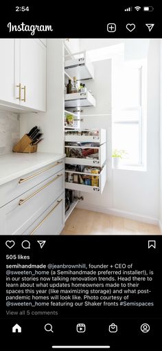 the instagram page on instagram com shows an image of a kitchen with white cabinets and drawers