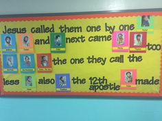 a bulletin board with pictures of jesus and the names of his favorite people on it