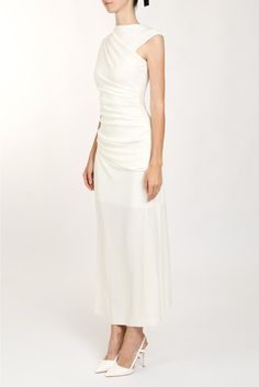 Unleash your playful side with our White Asymmetrical One Shoulder Sheer Draped Ruched Maxi Dress. The asymmetrical draped detail adds a touch of uniqueness to this maxi dress, while the sheer fabric adds a hint of mystery. Perfect for a romantic date night or a fun night out with friends! Sheer overlay Asymmetrical drape Crew neck Cap sleeve Back zipper closure A-line hem Lined Maxi length White Maxi Dress, White Pre-draped Maxi Dress For Evening, White Ruched Asymmetrical One-shoulder Dress, White A-line Ruched Maxi Dress, White Pre-draped Evening Maxi Dress, Asymmetrical Neckline Pre-draped Ruched Maxi Dress, Sheer Drapes, Ruched Maxi Dress, White Maxi