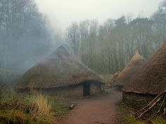 an old village with thatched roofs in the fog