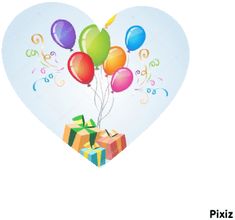 a heart shaped box with balloons and presents